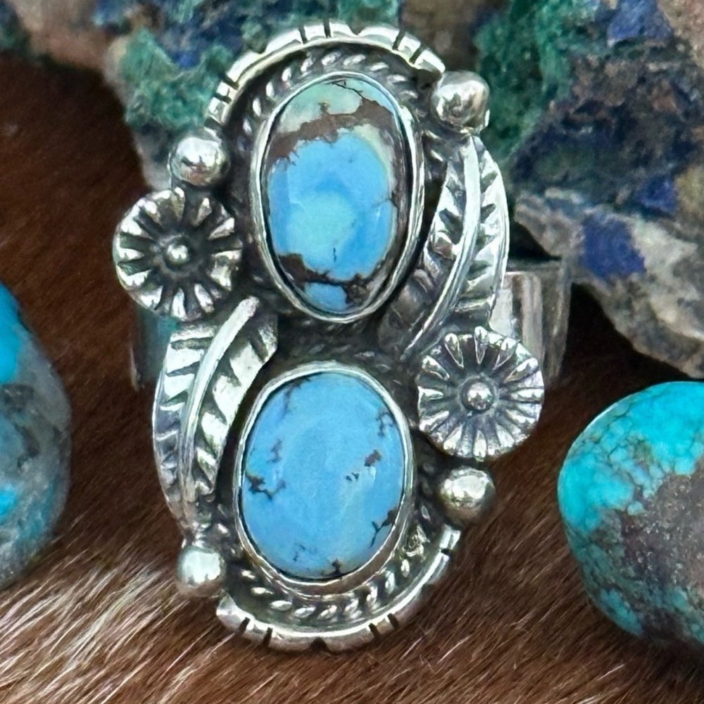 Golden hills turquoise double stone southwestern Sterling silver adjustable ring